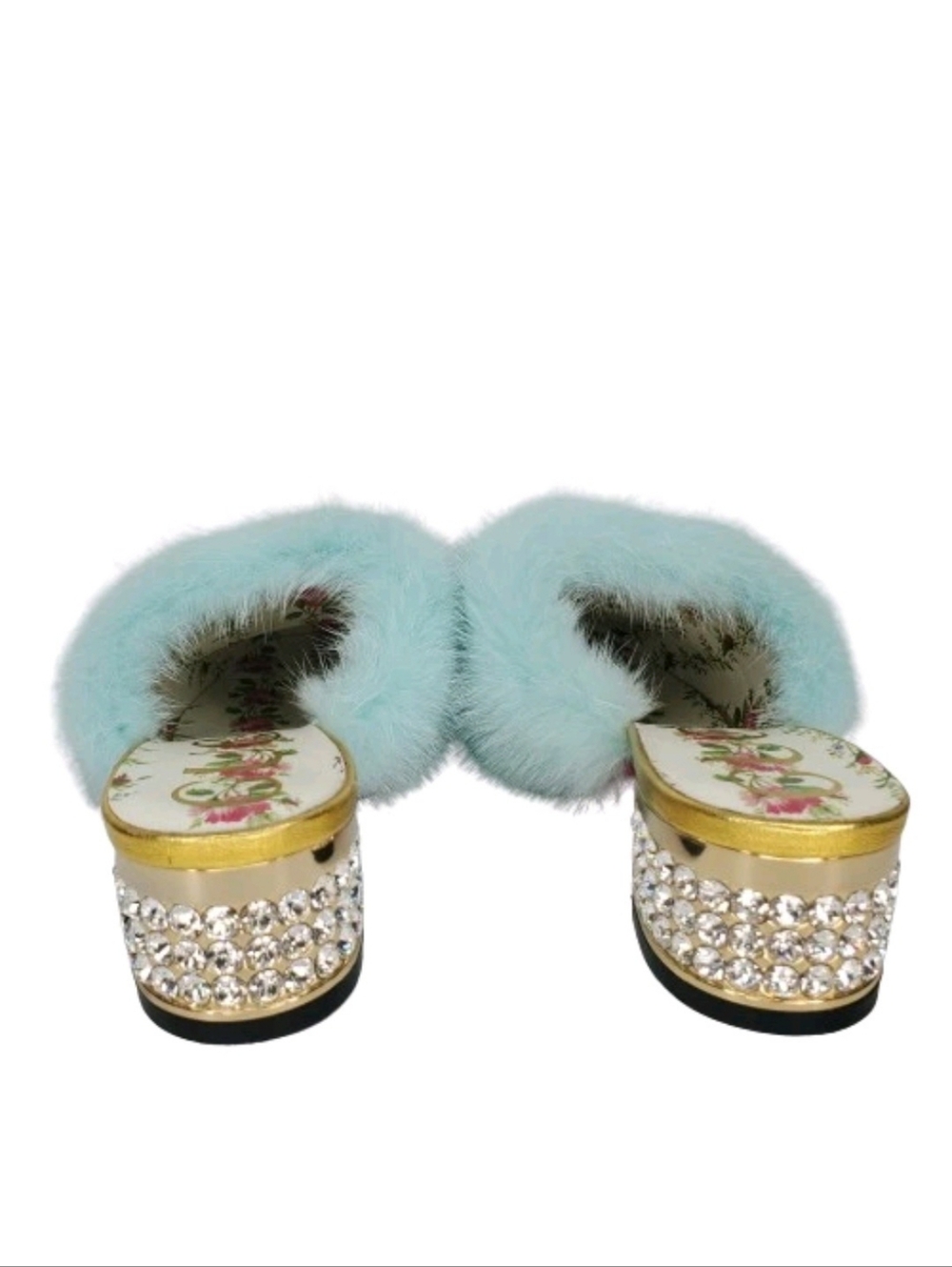 Gucci Gold Metallic Nappa Leather & Aqua Mink Fur Crystal Candy Mules - Picture 4 of 8